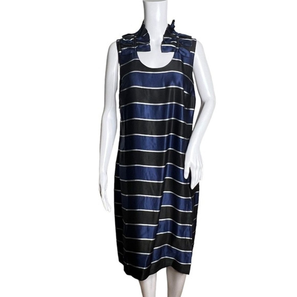 Banana Republic Dress Womens 10 Blue Black Striped Ruffle Neck Sheath Preppy